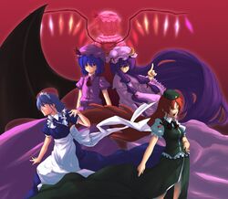  blue_hair flandre_scarlet from_behind hat hiroya hiroya_juuren hong_meiling izayoi_sakuya maid patchouli_knowledge pointing purple_hair remilia_scarlet standing touhou wings 