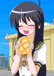  ahoge black_hair blush bread food melon_bread meronpan school_uniform shakugan_no_shana shana smile solo 