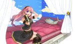  bedroom blue_eyes boots breasts curtains detached_sleeves fish hands_on_headphones headphones long_hair megurine_luka microphone midriff navel otosume_ruiko pillow pillows pink_hair room skirt smile thigh-highs thighhighs vocaloid zettai_ryouiki 