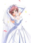  blush breasts bridal_veil bride cleavage confetti dress elbow_gloves gloves gown hashimoto_takashi highres red_hair redhead veil wedding_dress 