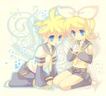  blonde_hair blue_eyes bow brother_and_sister detached_sleeves headset kabuteriko kagamine_len kagamine_rin midriff musical_note navel shorts siblings sokomushi twins vocaloid 