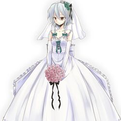  bouquet braid bridal_veil bride collarbone dress flower hiharo holding izayoi_sakuya pink_eyes red_eyes redhead ribbon ribbons rose roses short_hair silver_hair touhou twin_braids veil wedding_dress 