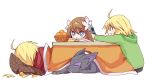  2boys ahoge blonde_hair blue_eyes brown_hair closed_eyes dog dual_persona emil_castagnier flower food fruit kotatsu mandarin_orange marta_lualdi multiple_boys nintendo_ds sleeping table tales_of_(series) tales_of_symphonia tales_of_symphonia_knight_of_ratatosk tenebrae 