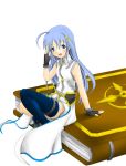  asymmetrical_clothes bad_id blue_eyes blue_hair blush book fingerless_gloves gloves long_hair mahou_shoujo_lyrical_nanoha mahou_shoujo_lyrical_nanoha_strikers one_thighhigh open_mouth reinforce_zwei single_thighhigh sitting thighhighs tome_of_the_night_sky 