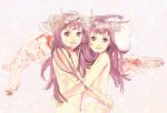  2girls angel_wings bad_id hug long_hair multiple_girls nude original purple_eyes purple_hair siblings smile twins violet_eyes wings 