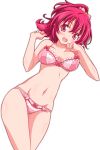  1girl aida_mana bow bow_bra bow_panties bra breasts dokidoki!_precure frilled_bra frills half_updo highres kikuchi_tsutomu lace lace-trimmed_bra lace-trimmed_panties looking_at_viewer medium_breasts open_mouth panties pink_bow pink_bra pink_eyes pink_hair pink_panties precure see-through short_hair simple_background smile solo underwear white_background 