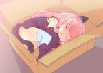  1girl :3 =_= animal_ears black_dress blue_legwear blush box cardboard_box cat_ears cat_tail chibi closed_eyes detached_sleeves dress in_box in_container kotonoha_akane long_hair lying on_side petenshi_(dr._vermilion) pink_hair sleeping smile solo tail thigh-highs voiceroid 