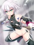  &gt;:o 1girl :o assassin_of_black bandaged_arm bare_shoulders black_gloves black_legwear black_panties dagger dual_wielding fate/apocrypha fate_(series) fingerless_gloves gloves green_eyes hair_between_eyes highres holding holding_weapon looking_at_viewer nanaume_(shichimi_tougarashi) navel panties scar scar_across_eye short_hair silver_hair single_glove solo stomach thigh-highs underwear weapon 