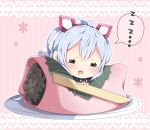  1girl =_= ahoge blue_hair blush chibi food food_request full_body hair_between_eyes hair_rings holding lace_border lying matoi_(pso2) milkpanda on_stomach open_mouth phantasy_star phantasy_star_online_2 pink_background plate sakura_mochi sleeping solo speech_bubble stick striped vertical-striped_background vertical_stripes wagashi zzz 