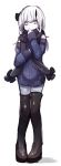  1girl absurdres black_bow black_footwear black_legwear black_scarf blush boots bow covered_mouth dress enpera fate/grand_order fate_(series) full_body highres horn lavinia_whateley_(fate/grand_order) long_sleeves looking_at_viewer pale_skin pigeon-toed polka_dot polka_dot_bow purple_dress scarf simple_background sketch sleeves_past_wrists solo standing thigh-highs thigh_boots violet_eyes wadakazu white_background white_hair 