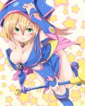  1girl bare_shoulders blonde_hair blue_boots blush_stickers boots breasts cleavage dark_magician_girl duel_monster green_eyes hair_between_eyes hat large_breasts long_hair noa_(nagareboshi) pentacle solo staff star wizard_hat yu-gi-oh! 