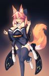  1girl absurdres animal_ears bare_shoulders breasts cleavage detached_sleeves fate/extra fate_(series) fox_ears fox_tail highres long_hair looking_at_viewer one_eye_closed redhead solo sub-res tail tamamo_(fate)_(all) tamamo_no_mae_(fate) thigh-highs yellow_eyes 