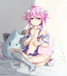  1girl bare_shoulders choker choujigen_game_neptune d-pad eating feet food food_on_face hair_ornament navel neptune_(choujigen_game_neptune) neptune_(series) no_shoes panties purple_hair socks solo spoon striped striped_legwear striped_panties underwear undressing violet_eyes 