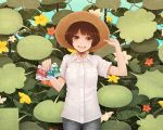  1girl brown_eyes brown_hair commentary cowboy_shot denim flower garden hat heart jeans leaf looking_at_viewer open_mouth original pants plant short_hair smile solo straw_hat sun_hat yajirushi_(chanoma) 