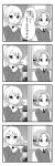  2girls 4koma bangs bow braid catchphrase closed_mouth comic commentary cup darjeeling dress_shirt emblem fourth_wall girls_und_panzer hair_bow highres holding long_sleeves looking_at_viewer masara multiple_girls necktie open_mouth orange_pekoe parted_bangs portrait school_uniform shirt short_hair sitting smile st._gloriana&#039;s_(emblem) st._gloriana&#039;s_school_uniform sweater teacup tied_hair translated twin_braids v-neck 