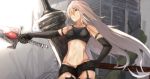  1girl android armlet aruto2498 building collarbone elbow_gloves gloves hair_over_eyes holding holding_weapon huge_weapon long_hair mole mole_under_mouth navel nier_(series) nier_automata pale_skin ruins short_shorts shorts simple_background sky solo standing sword tank_top weapon white_hair yorha_type_a_no._2 