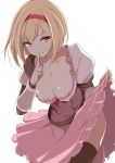  1girl blonde_hair blush breasts brown_eyes collarbone djeeta_(granblue_fantasy) dress dress_lift fighter_(granblue_fantasy) granblue_fantasy hairband index_finger_raised large_breasts looking_at_viewer mutou_kurihito pink_dress puffy_short_sleeves puffy_sleeves short_hair short_sleeves simple_background solo thigh-highs vambraces white_background 