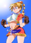  1girl blonde_hair blue_eyes braid breasts chrono_cross gloves jewelry kid_(chrono_cross) large_breasts long_hair midriff navel necklace onnaski panties ponytail single_braid skirt solo underwear 