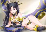  1girl anklet arm_support armlet asymmetrical_legwear asymmetrical_sleeves bangs bare_shoulders black_hair black_legwear black_ribbon crown earrings elbow_gloves fate/grand_order fate_(series) gloves hair_ribbon heavenly_boat_maanna hoop_earrings ishtar_(fate/grand_order) jewelry long_hair looking_at_viewer lying navel on_side open_mouth parted_bangs pillow red_eyes ribbon single_elbow_glove single_thighhigh solo thigh-highs tohsaka_rin two_side_up weapon yukichi_(mainitiiitenkidana07) 