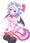  1girl bangs bat_wings black_legwear blue_hair bow bowtie center_frills eyebrows_visible_through_hair frilled_skirt frills hat hat_ribbon juliet_sleeves junior27016 long_sleeves looking_at_viewer mob_cap pink_skirt pointy_ears puffy_sleeves red_bow red_bowtie red_eyes red_ribbon remilia_scarlet ribbon simple_background sitting skirt smile solo thigh-highs touhou white_background wings wrist_cuffs 