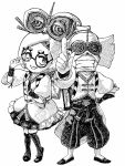  1boy 1girl \m/ absurdres artist_request cuffs dress frilled_dress frills glasses goggles goggles_on_head grin hair_ornament hair_stick headband highres mary_janes monochrome pointing pointing_at_viewer purah robbie_(zelda) shoes short_hair simple_background smile the_legend_of_zelda the_legend_of_zelda:_breath_of_the_wild thigh-highs white_background zettai_ryouiki 