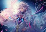  1boy commentary_request fate/grand_order fate_(series) flower highres hood long_hair looking_at_viewer male_focus merlin_(fate/stay_night) petals solo staff terai_(teraimorimori) upper_body violet_eyes white_hair white_robe 