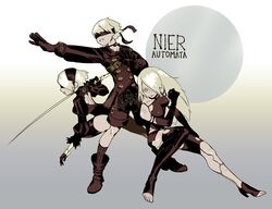  1boy 2girls android armlet black_clothes blindfold blue_eyes boots breasts buttons choker collarbone dress elbow_gloves feather-trimmed_sleeves gloves gradient gradient_background high_heels highres juliet_sleeves katana knees long_hair long_sleeves mole mole_under_mouth multiple_girls nier_(series) nier_automata pale_skin patterned_clothing puffy_sleeves shiny shiny_clothes shiny_skin short_hair shorts strap sword tank_top text title trio weapon white_hair yorha_no._2_type_b yorha_no._9_type_s yorha_type_a_no._2 