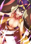  1girl ;d asakura_kukuri beads bikini black_hair breasts cleavage cowboy_shot earrings fate/grand_order fate_(series) hair_between_eyes hat highres hoop_earrings jewelry large_breasts long_hair looking_at_viewer one_eye_closed open_mouth prayer_beads purple_bikini smile solo swimsuit vambraces violet_eyes xuanzang_(fate/grand_order) 