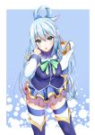  &gt;:p 1girl :p akanbe aqua_(konosuba) blue_background blue_eyes blue_hair blush breasts closed_mouth detached_sleeves ex_idol eyebrows_visible_through_hair hair_between_eyes hair_ornament hair_rings half_updo hand_on_hip head_tilt highres kono_subarashii_sekai_ni_shukufuku_wo! leaning_forward long_hair looking_at_viewer medium_breasts outside_border shirt skirt sleeveless sleeveless_shirt smile solo striped striped_legwear thigh-highs tongue tongue_out very_long_hair white_legwear 