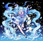  1girl absurdly_long_hair absurdres ahoge armpits arms_up blue_eyes blue_hair constellation detached_sleeves dress fingerless_gloves full_body gloves gongyo hair_ornament hatsune_miku highres long_hair looking_at_viewer open_mouth rabbit scarf snowflake_hair_ornament star twintails very_long_hair vocaloid wand water yuki_miku yukine_(vocaloid) 