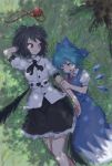  2girls black_hair black_ribbon black_skirt black_wings blue_dress blue_hair blue_ribbon blush cirno collared_shirt commentary_request dress drooling grass hair_ribbon hat hat_removed headwear_removed highres holding_arm ice ice_wings juliet_sleeves long_sleeves low_wings lying lying_on_person messy_hair multiple_girls neck_ribbon on_back puffy_sleeves red_eyes red_hat red_ribbon ribbon roke_(taikodon) shameimaru_aya shirt short_hair short_sleeves skirt sleeping sleeping_on_person sleeveless sleeveless_dress smile tokin_hat touhou tree tree_shade white_dress white_shirt wings 