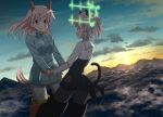  2girls animal_ears bangs black_legwear blue_eyes blue_jacket blush cat_ears cat_tail closed_mouth clouds cloudy_sky eila_ilmatar_juutilainen flying fox_ears fox_tail glastonbury1966 hand_holding hirschgeweih_antennas jacket light_smile long_hair long_sleeves looking_at_another military military_uniform multiple_girls pantyhose sanya_v_litvyak short_hair silver_hair sky smile strike_witches striker_unit sunset tail uniform violet_eyes white_hair white_legwear world_witches_series 