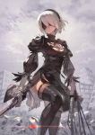  1girl absurdres black_dress blindfold boots breasts cleavage cleavage_cutout clouds cloudy_sky dress feather-trimmed_sleeves hairband highres katahira_(hiyama) katana medium_breasts nier_(series) nier_automata ruins sky solo sword thigh-highs thigh_boots weapon white_hair yorha_no._2_type_b 