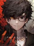  black_hair blood evil_smile glasses kawacy kurusu_akira looking_at_viewer male_focus persona persona_5 short_hair silver_hair smile solo yellow_eyes 