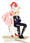  1boy 1girl blonde_hair blue_eyes chin_rest crossed_arms dress fang formal green_eyes hair_over_one_eye high_heels mila_babicheva necktie nozimami open_mouth redhead sitting smile suit yuri!!!_on_ice yuri_plisetsky 