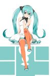  1girl aqua_eyes aqua_hair breasts dress eyelashes gloves hair_between_eyes hair_ornament hatsune_miku high_heels highres long_hair looking_at_viewer open_mouth saitoyu00 shadow simple_background sitting sleeveless solo tattoo thigh-highs thigh_gap twintails very_long_hair vocaloid 