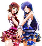  2girls :d airando amami_haruka arm_strap armpit_peek bangs bare_shoulders belt blue_bow blue_hair blue_skirt blunt_bangs blush bow breasts brown_eyes brown_hair collar collarbone cowboy_shot earrings glitter green_eyes hair_bow hair_ornament heart heart_hair_ornament heart_necklace highres idol idolmaster jewelry kisaragi_chihaya layered_skirt long_hair looking_at_viewer medium_breasts multiple_girls open_mouth pink_bow plaid plaid_skirt red_skirt shirt short_hair skirt sleeveless sleeveless_shirt smile thigh_strap wrist_cuffs 