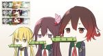  3girls blonde_hair brown_eyes brown_hair chibi crescent gameplay_mechanics hair_ornament kantai_collection kisaragi_(kantai_collection) long_hair moti_coi multiple_girls mutsuki_(kantai_collection) necktie parody red_eyes redhead remodel_(kantai_collection) satsuki_(kantai_collection) short_hair straight_hair twintails upper_body yellow_eyes 