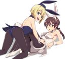  2girls adapted_costume all_fours animal_ears ass black_legwear blonde_hair blue_eyes blue_leotard brown_eyes brown_hair bunny_tail bunnysuit detached_collar erica_hartmann garrison_cap gertrud_barkhorn hat leotard long_hair looking_at_viewer lying multiple_girls nanashino neckerchief pantyhose rabbit_ears short_hair simple_background straddling strapless strapless_leotard strike_witches tail white_background white_leotard world_witches_series wrist_cuffs 