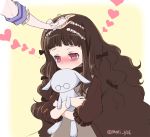  1girl arm black_hair blush disembodied_limb hardgore_alice heart long_hair mahou_shoujo_ikusei_keikaku mahou_shoujo_ikusei_keikaku_unmarked mori_yoichi object_hug petting pink_eyes snow_white_(mahoiku) solo stuffed_animal stuffed_bunny stuffed_toy 