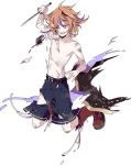  1boy belt boots brown_eyes brown_hair cross-laced_footwear gotou_toushirou injury jumping kiwame_(touken_ranbu) lace-up_boots male_focus multicolored_hair official_art open_mouth shikimi_(yurakuru) shirtless shorts streaked_hair sword tantou torn_clothes torn_shorts touken_ranbu weapon 