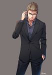  1boy brown_hair cowboy_shot final_fantasy final_fantasy_xv formal glasses grey_background hand_in_pocket hinoe_(dd_works) ignis_scientia male_focus signature simple_background smile solo standing 