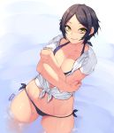  1girl bangs bikini black_hair blush breasts cleavage crossed_arms curvy hayami_kanade highres idolmaster idolmaster_cinderella_girls jjune looking_at_viewer parted_bangs shirt short_hair smile solo standing swimsuit swimsuit_under_clothes wading wet wide_hips yellow_eyes 