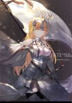  1girl absurdres arm_at_side armor armored_boots armored_dress artist_name bare_shoulders belt black_legwear blonde_hair blue_eyes boots breasts chains character_name copyright_name cowboy_shot dress eyebrows eyebrows_visible_through_hair fate/grand_order fate_(series) faulds flag fur_trim gauntlets gloves hand_up headpiece highres holding jeanne_alter large_breasts light_particles long_hair looking_at_viewer open_mouth pantyhose pole ruler_(fate/apocrypha) smile solo sword vambraces very_long_hair weapon xiaoxiao 