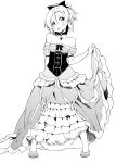  1girl :p bare_shoulders bow commentary commentary_request dress dress_lift elbow_gloves felt_(re:zero) frills gem gloves greyscale hair_bow head_tilt highres jewelry matsuse_daichi monochrome re:zero_kara_hajimeru_isekai_seikatsu shoes short_hair simple_background solo tongue tongue_out white_background 