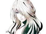  1girl blue_eyes character_name collarbone eyelashes face hair_over_eyes lips long_hair nier_(series) nier_automata pale_skin parted_lips simple_background solo white_background white_hair yorha_type_a_no._2 