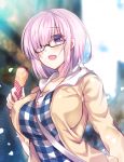  1girl :d black-framed_eyewear blush breasts cleavage crepe eyebrows_visible_through_hair fate/grand_order fate_(series) food glasses hair_over_one_eye highres large_breasts lavender_hair looking_at_viewer open_mouth pink_hair shielder_(fate/grand_order) short_hair smile solo suzune_rena upper_body violet_eyes 