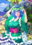  1girl blue_hair breasts closed_eyes colored_eyelashes faux_traditional_media frilled_kimono frills green_kimono hakkasame happy head_fins japanese_clothes kimono large_breasts mermaid monster_girl obi open_mouth outdoors sash solo touhou wakasagihime wide_sleeves 