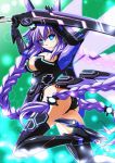  1girl ass blue_eyes blush braid breasts choujigen_game_neptune cleavage gloves hair_ornament highres holding holding_sword holding_weapon long_hair looking_at_viewer neptune_(choujigen_game_neptune) neptune_(series) purple_hair purple_heart solo sword symbol-shaped_pupils tappa_(esperanza) twin_braids very_long_hair weapon 