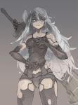  1girl android armlet blue_eyes breasts chains collarbone elbow_gloves gloves grey_background hair_between_eyes highres huge_weapon katana long_hair mecha_musume mole mole_under_mouth nier_(series) nier_automata pale_skin shiny shiny_skin solo sword tank_top thighs weapon white_hair yorha_type_a_no._2 